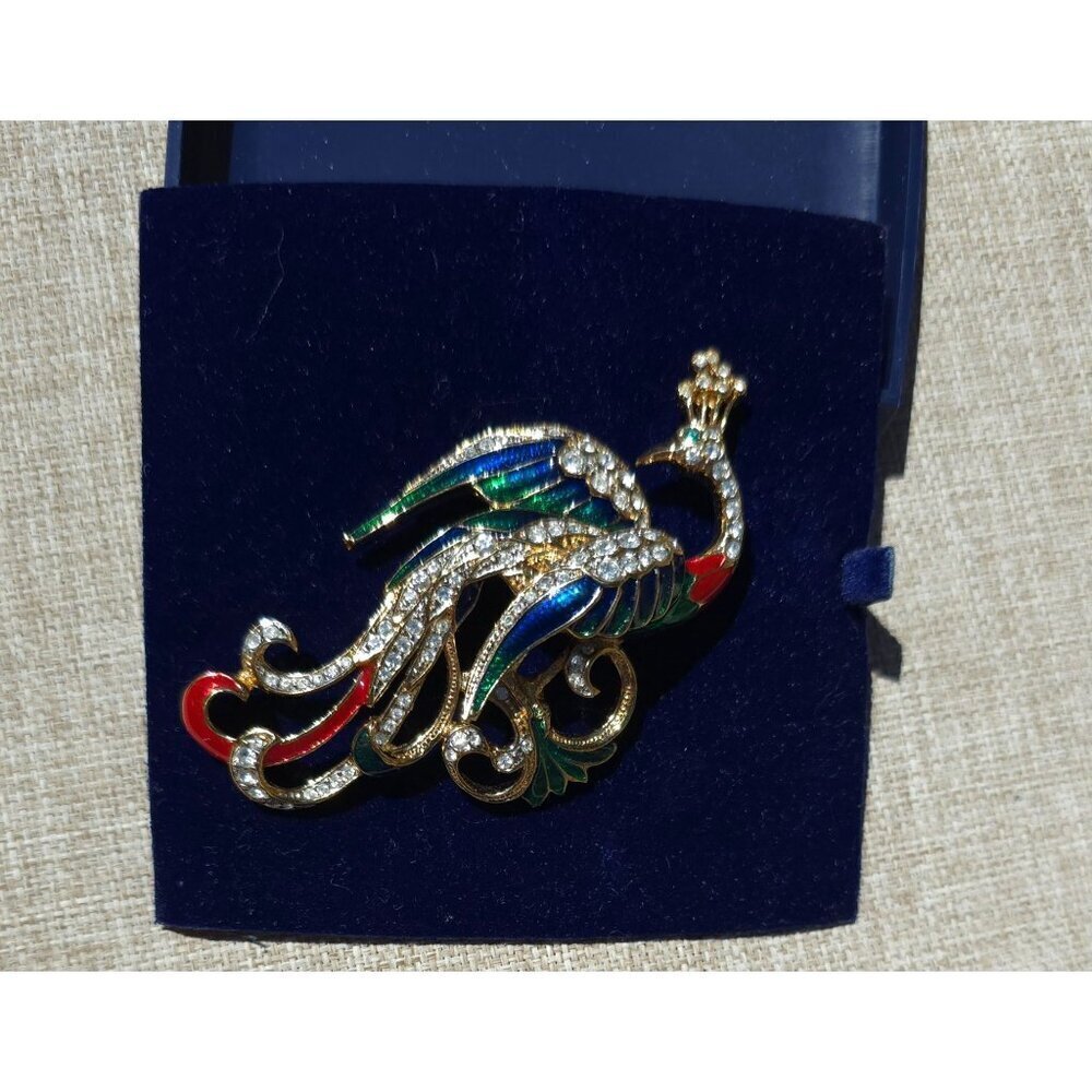 Attwood & Sawyer Peacock Swarovski 22K Gold Plated Enamel Vintage Brooch In Box - Picture 6 of 12